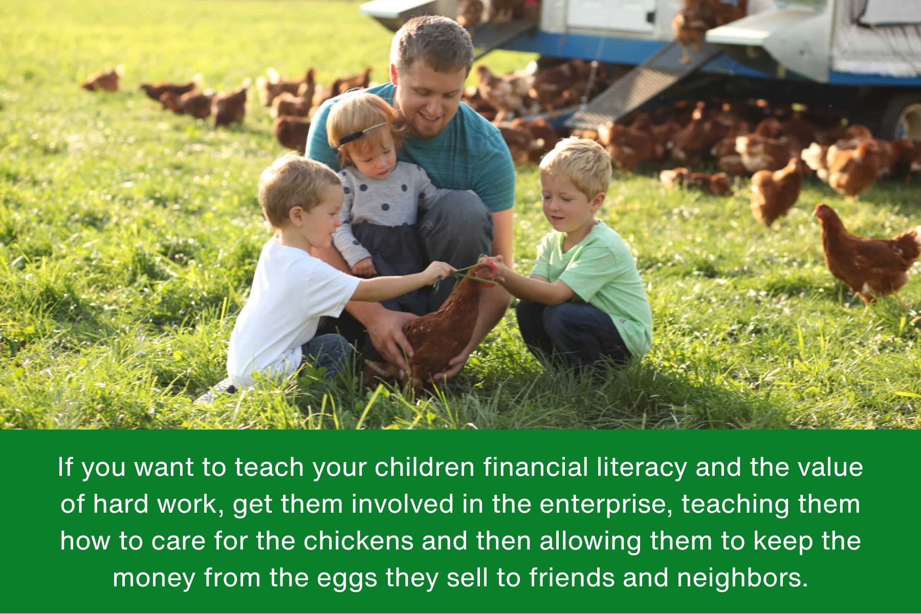 Teaching Children Financial Literacy While Raising Chickens If you want to teach your children financial literacy and the value of hard work, get them involved in the enterprise, teaching them how to care for the chickens and then allowing them to keep the money from the eggs they sell to friends and neighbors.