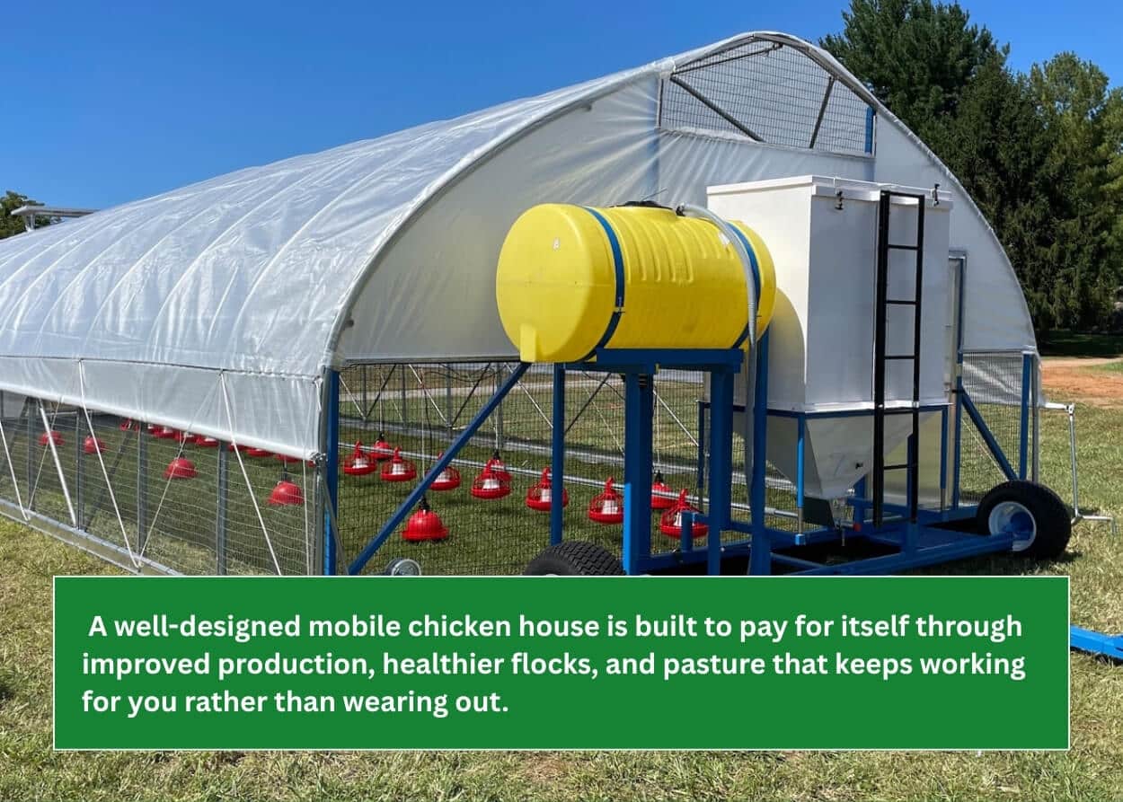 Large mobile chicken house with automated feeding and watering systems parked on open pasture.